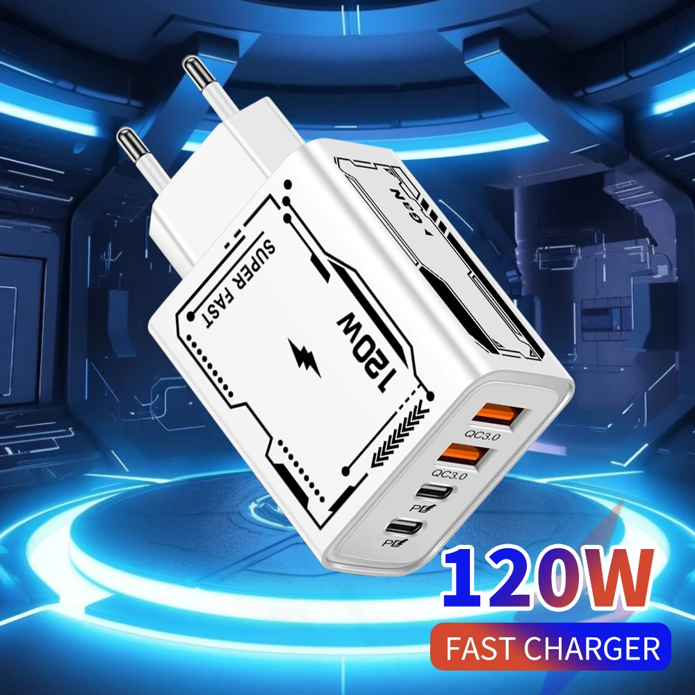Chargeur rapide GaN Type-C PD, adaptateur USB 120, 4 ports, prise EU, US, Xiaomi, Samsung, iPhone,