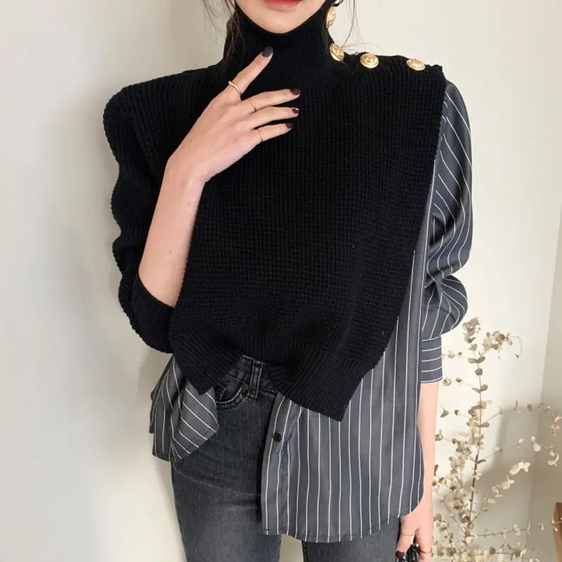 Spring Autumn Turtleneck Long Sleeve Sweater Women High Street Button Striped Patchwork Pullovers Elegant Cotton All-match Tops