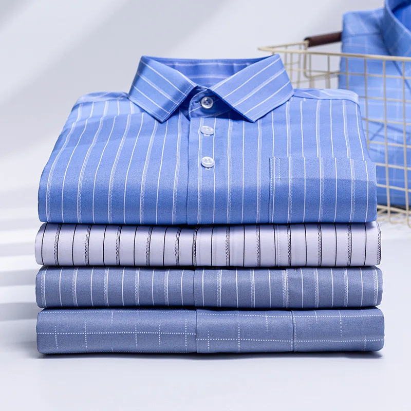 5XL Spring and autumn new men's social striped long-sleeved shirt daily business light luxury free perm breathable slim big size