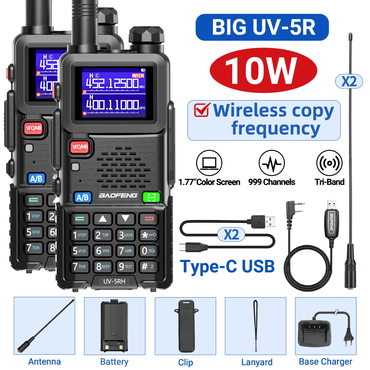 2PCS UV-5RH 10W Air Band Walkie Talkie Draadloze Kopieerfrequentie 999CH Type-C NOAA Lange afstand NOAA VOOR Baofeng UV-5R K5 Ham Radio