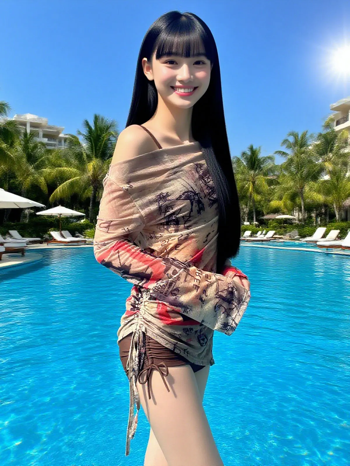 sexy Kpop conservative print bikinis sets three pieces coffee bikini shorts with drawstring long sleeve smock swimsuit biquini