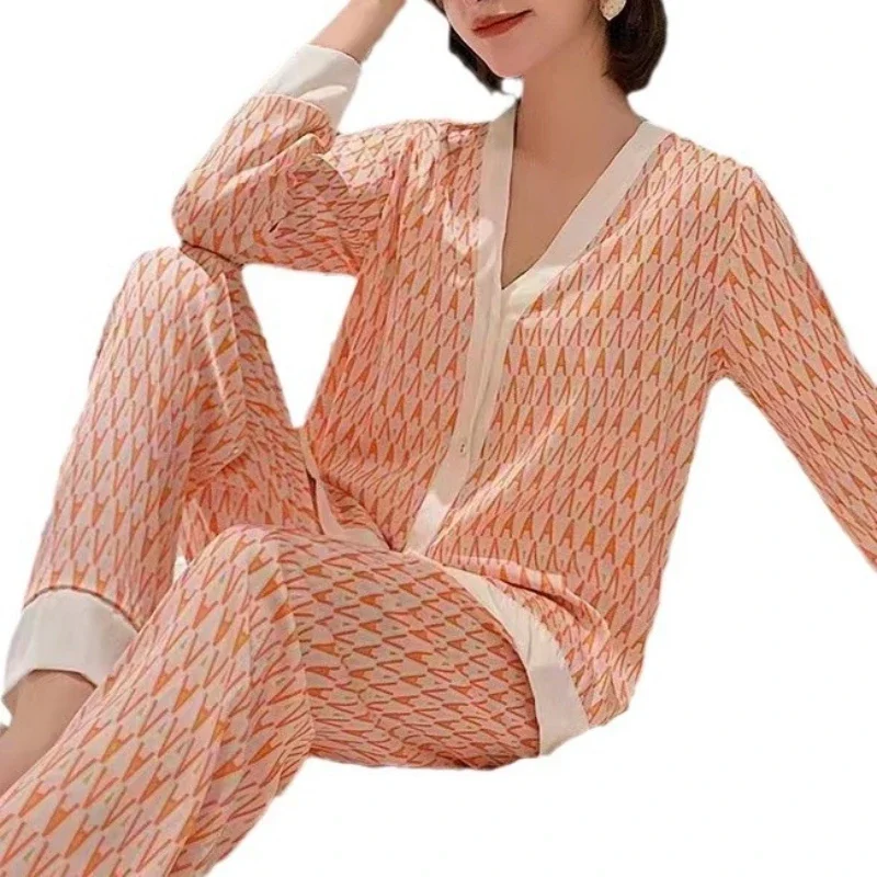 New Women\'s Ice Silk Pajamas Homewear Long Sleeve Two-piece set Spring Summer Loose and Comfortable Pajamas Suit Femme Satin