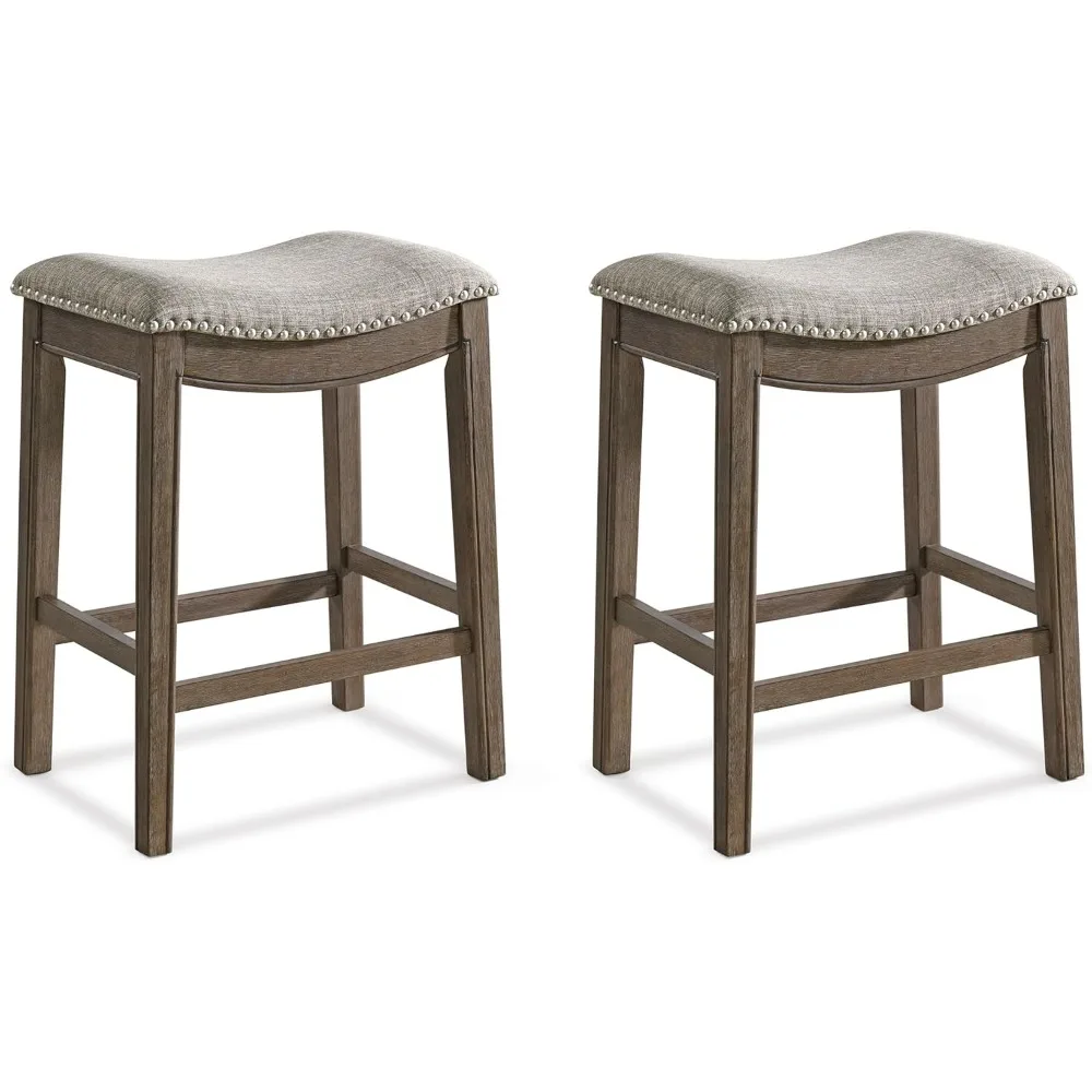 

26 inch counter stool, walnut veneer backless saddle, kitchen bar stool, grey fabric soft cushion
