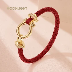 MOONLIGHT Women's Trendy Metal Classic U-Shape Bracelet Genuine Braided Leather Bracelet Female Jewelry Gift Women Accessories