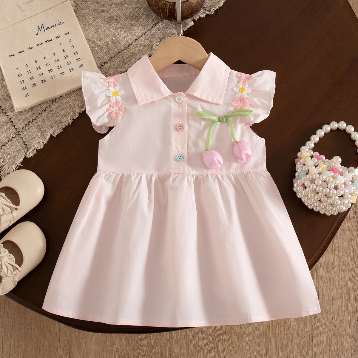 Baby Girl Dress Summer Solid Color Bow Flower Embroidery Small Fly Sleeve Girls Dresses Sweet And Casual Beach Baby Girl Clothes
