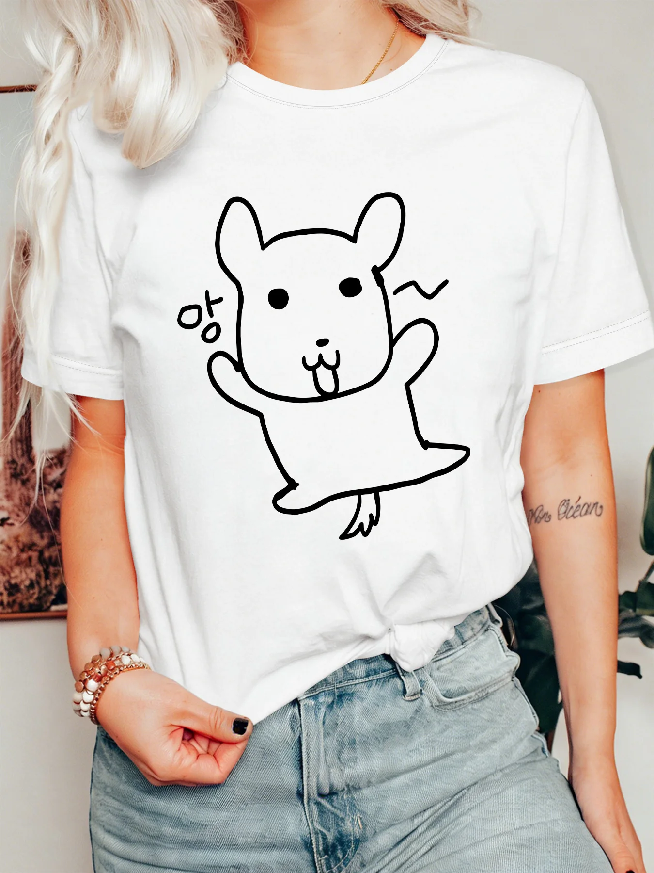 Women Crew Neck Tee Simple Line Art Cute Cartoon Bunny Graphic Print Short Sleeve Loose Ladies Cotton Plus Size Casual Top
