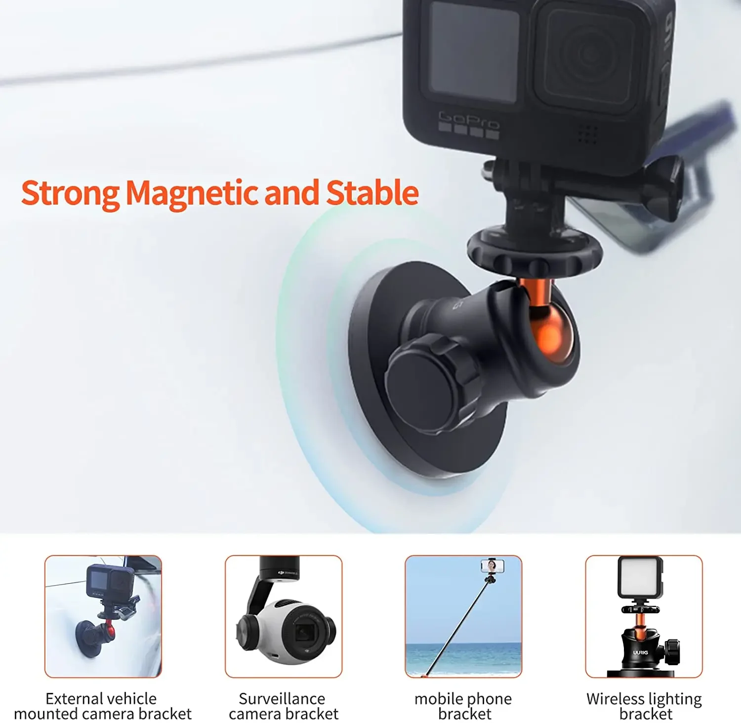 Suporte magnético resistente para gopro hero 5-9 preto 95 inclinação e cabeça esférica giratória 360 adaptador universal de superfície de metal com revestimento