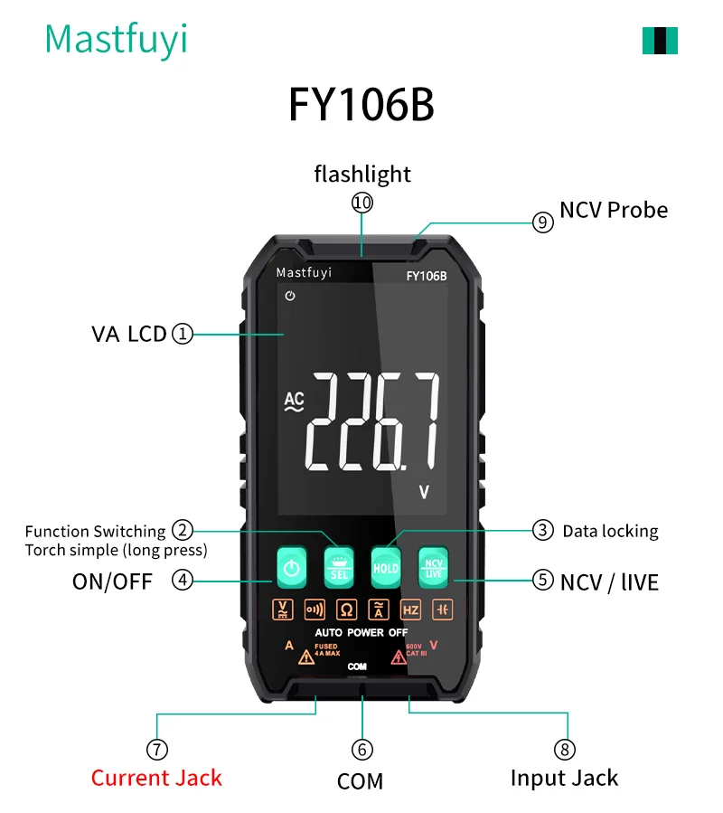 MASTFUYI Mini Digital Multimeter Smart Electrician Tester AC/DC Ammeter Voltmeter Capacitance Ohm Hz NCV Professional Multimetro