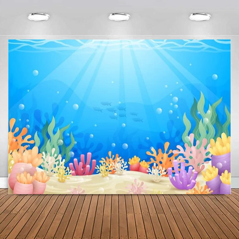 Under The Sea Backdrop Colorful Reefs and Algae Decoration Underwater World Ocean Photography Background Baby Kids Party Banner