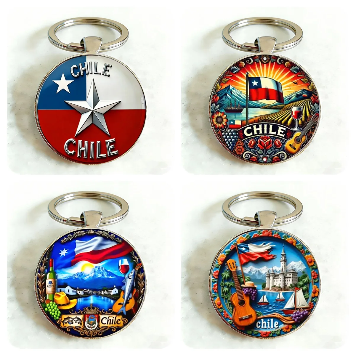 1 unidad de llavero de recuerdo de Chile, llavero metálico con cúpula de cristal, dije de la bandera chilena para llaves de coche, bolso, recuerdo de viaje de Chile para mujeres y hombres