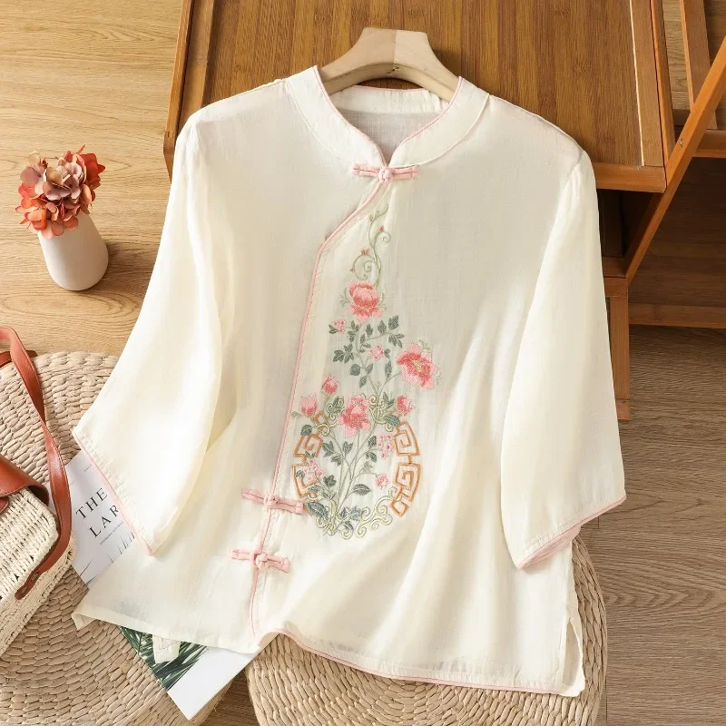 

Chinese Style Women's Blouse Embroidery Vintage Shirts Fashion Loose Summer Clothing Short Sleeve Cotton Linen Women Tops
