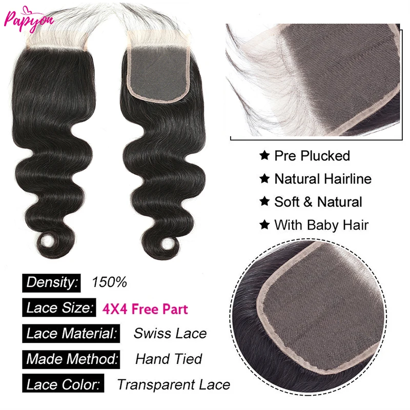 PAPYON Human Hair Bundles With Closure 4x4 Brazilian Body Wave Bundles With Closure Human Hair Weave Extensions 3/4 Bundles Remy