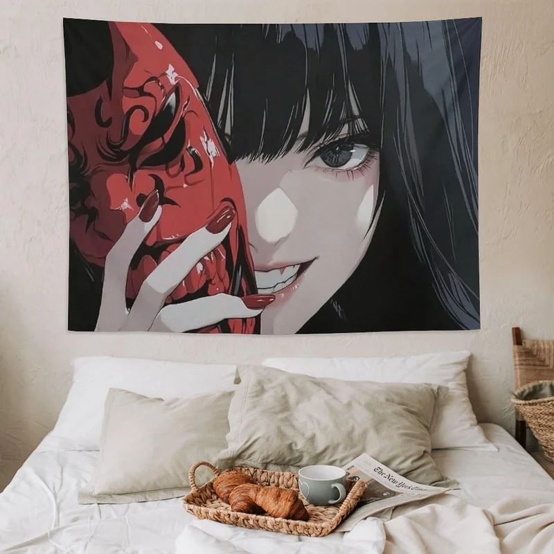 VIKAMA Dark Anime Girl Tapestry Black Hair Holding Red Oni Demon Mask Smiling Fang Manga Wall Hanging Otaku Wall Art Decor