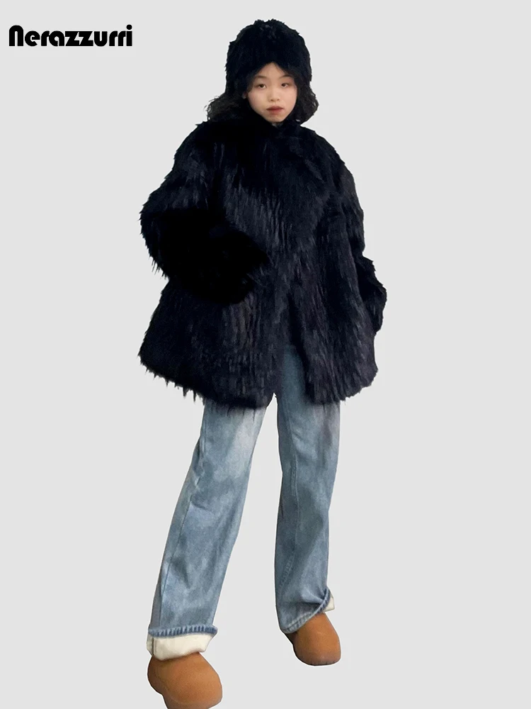 Nerazzurri Winter Oversized Thick Warm Shaggy Hairy White Faux Fox Fur Coat Women Luxury Designer Clothes Fluffy Jacket 2024