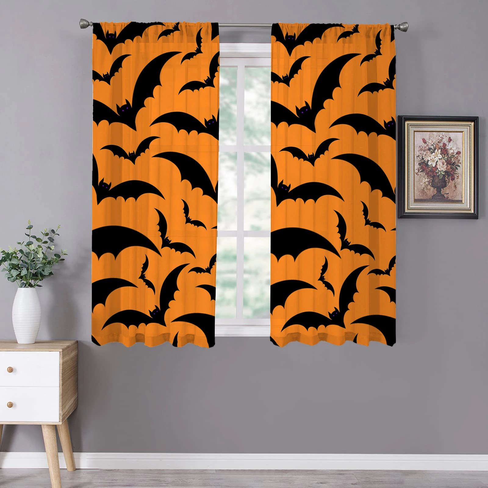 1PC Printing Bat Shadow Sheer Kitchen Curtain Bumpkin Orange Printed Semi Sheer Curtains Halloween Decor Hook Top Voile Curtain