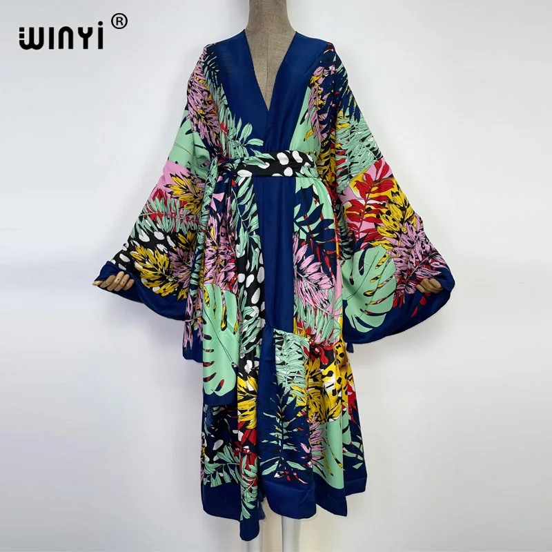 Europe WINYI Women kimono fashion Vintage Totem Floral boho caftan Print Waist seal abaya Dress long Sleeve Casual Vestidos