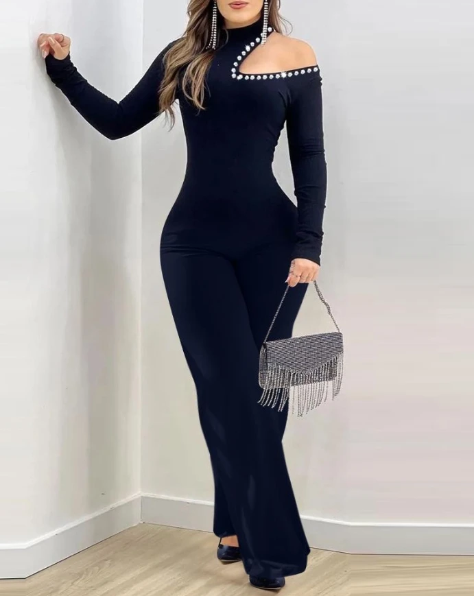 

Sexy Rhinestone Cold Shoulder High Neck Jumpsuit Long Sleeve Slim Fit Flared Jumpsuit 2025 Autumn Winter New Fashion Casual