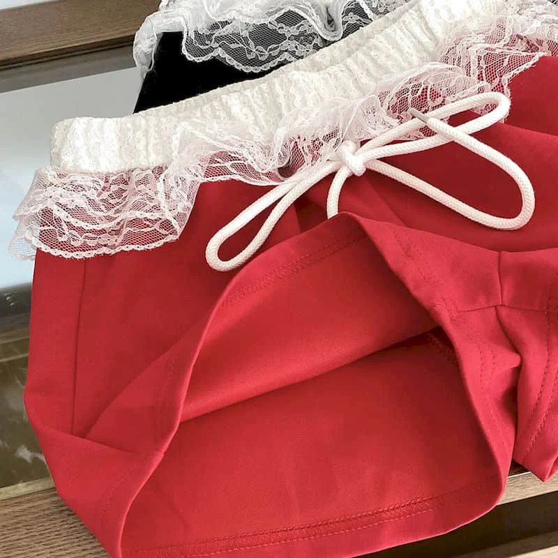 A라인 반바지 여성 캐주얼 레이스 패치워크 핫팬츠 아메리칸 스타일 스웨트팬츠 스포티 하이웨이스트 자수 여성 의류