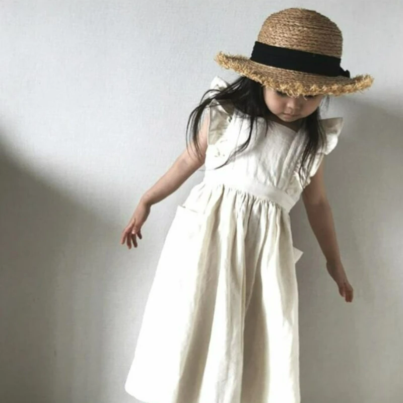 2026 Spring Summer Japanese Korean Style Girls Linen Blend Pocket Ruffle Sleeveless Cami Dress Kids Casual Dress