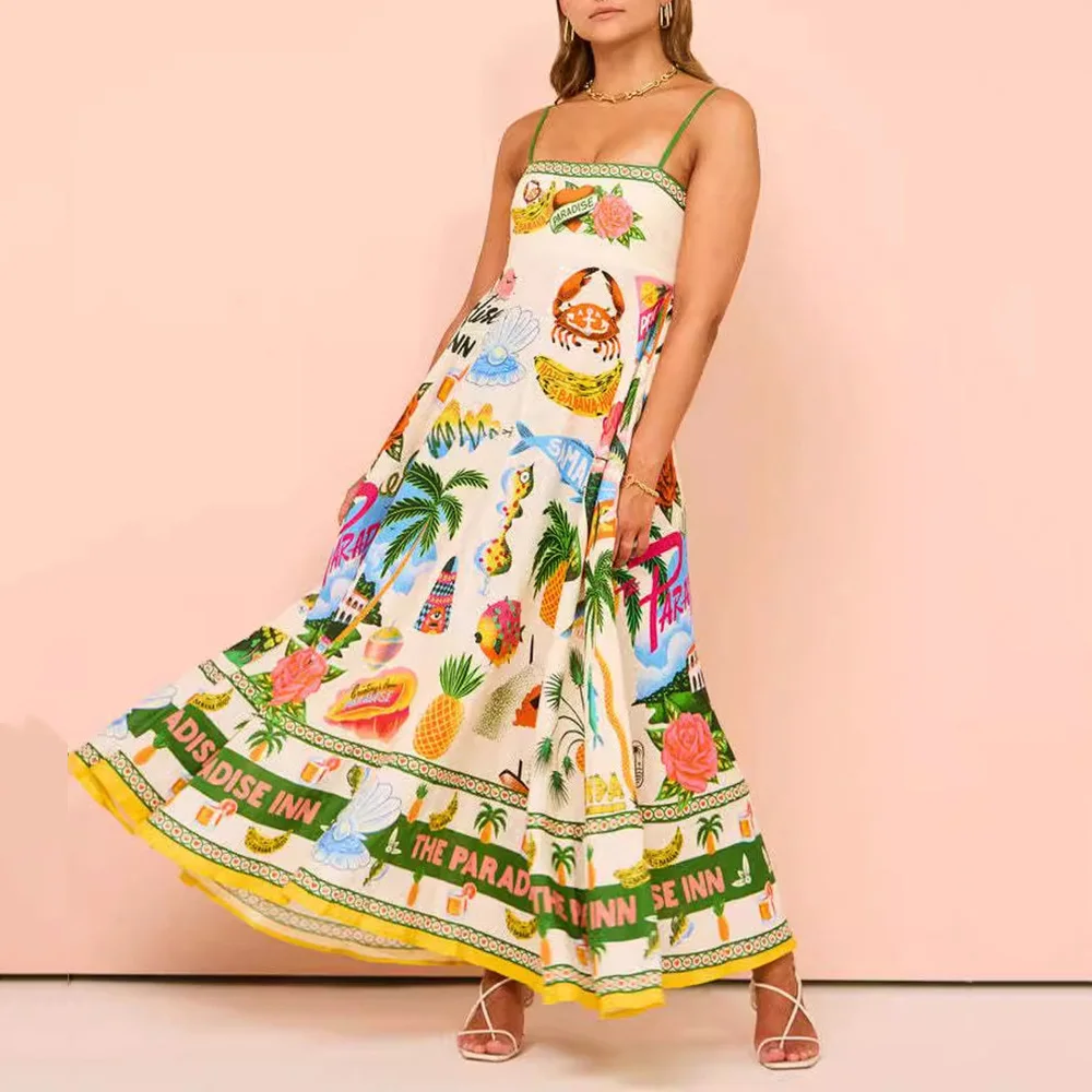 Women Spaghetti Strap Graffiti Maxi Dress Swing Long Cami Dresses Boho Beach Flower Colorful Graphic Tropical Summer Vestidos