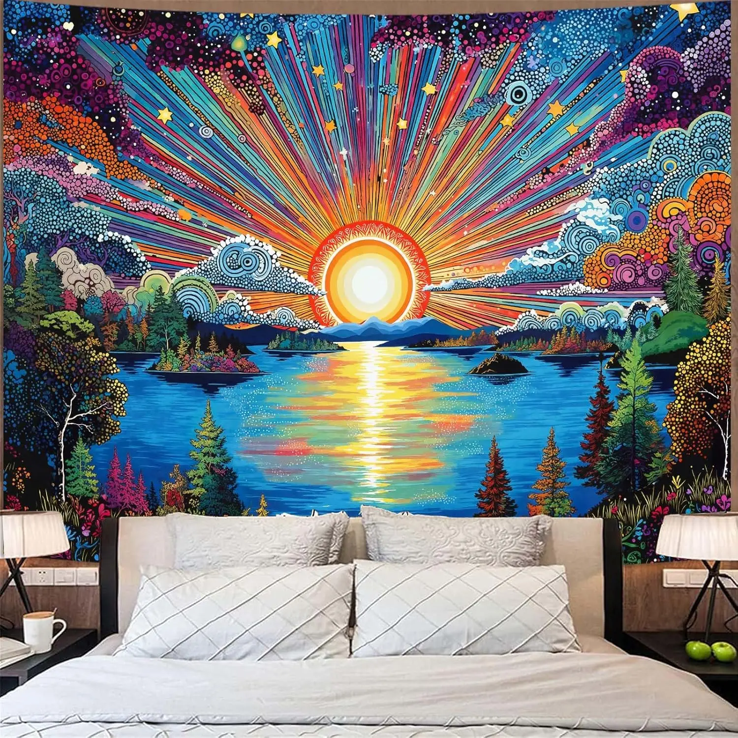 Psychedelic Sunset Tapestry - Trippy Rainbow Sunburst, Lake & Forest Wall Art, Hippie & Boho Decor, Multiple Sizes