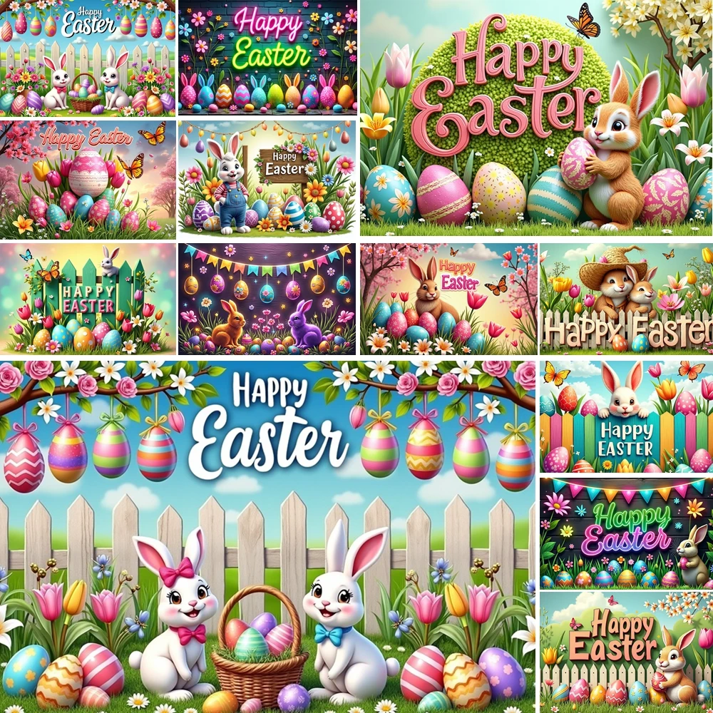 

MOON.QG Easter Fence Setup Photo Background Colorful Balloon Floral Garlands Backdrop Photozone Poster Photography Accessories