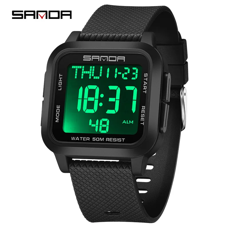 SANDA-reloj electrónico para hombre, cronógrafo de pulsera sencillo e informal, resistente al agua, con alarma cuadrada, a la moda, 2194
