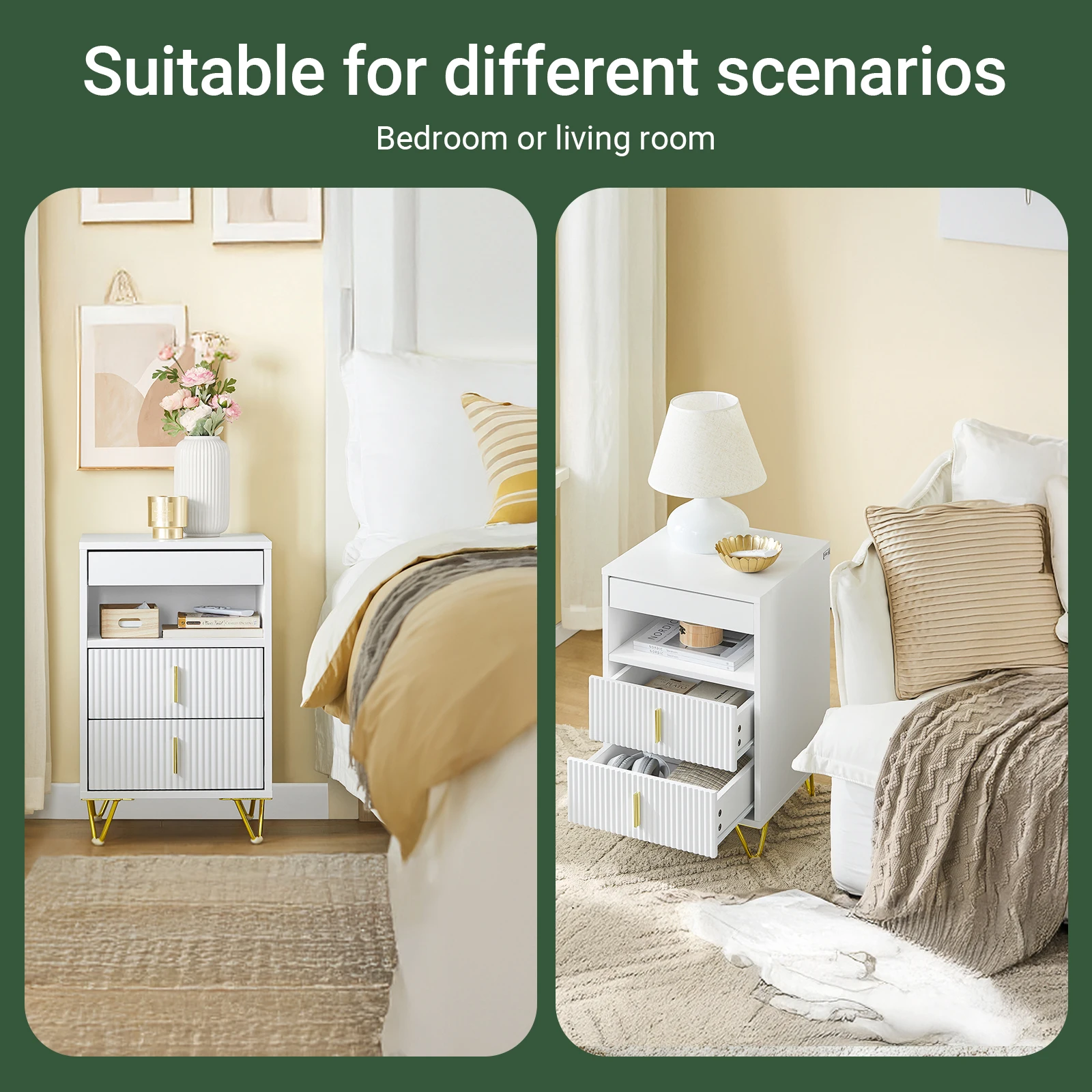 SoBuy FBT168-W Nachttisch, Nachtschrank mit 3 Schubladen und Ablagefach, Moderner Beistelltisch für Schlafzimmer und Wohnzimmer – Detail 9