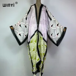 WINYI 2023 kimono letni nadruk kaftany okrycie plażowe ups dla kobiet elegancki kardigan seksowny płaszcz afrykański stroje plażowe długa sukienka