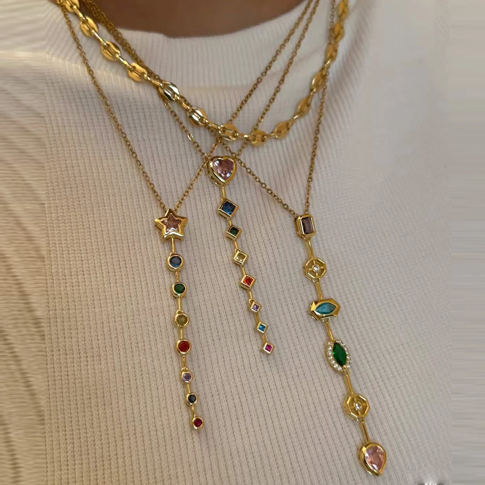Edelstahl farbige Zirkon Quaste Halskette Luxus lange herzförmige Perle Anhänger Halsketten Zirkon Quaste nicht verblassenden Schmuck