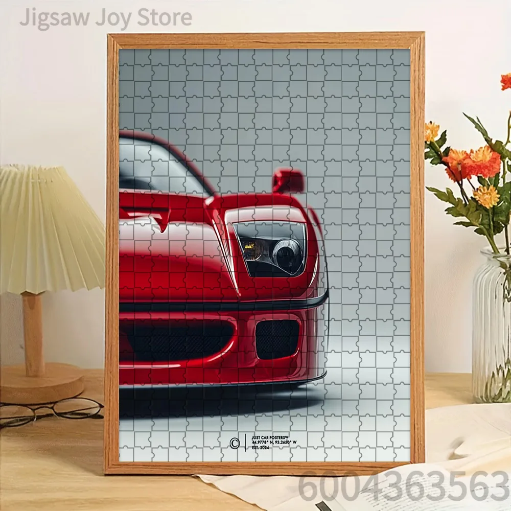 

Бумажный пазл с изображением классического красного суперкара, крупный план, вид спереди, минималистичный дизайн на сером фоне, креативный декор для дома и стен