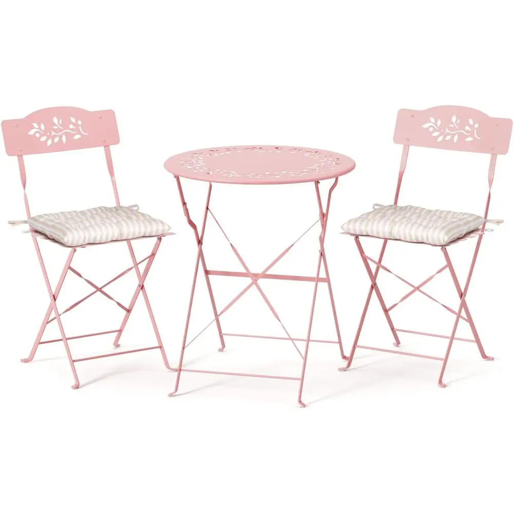 

3-Piece Outdoor Bistro Set with Olive Leaf Cutout Design and Cushions for Patio, Balcony, Garden, Porch, Yard - Pink