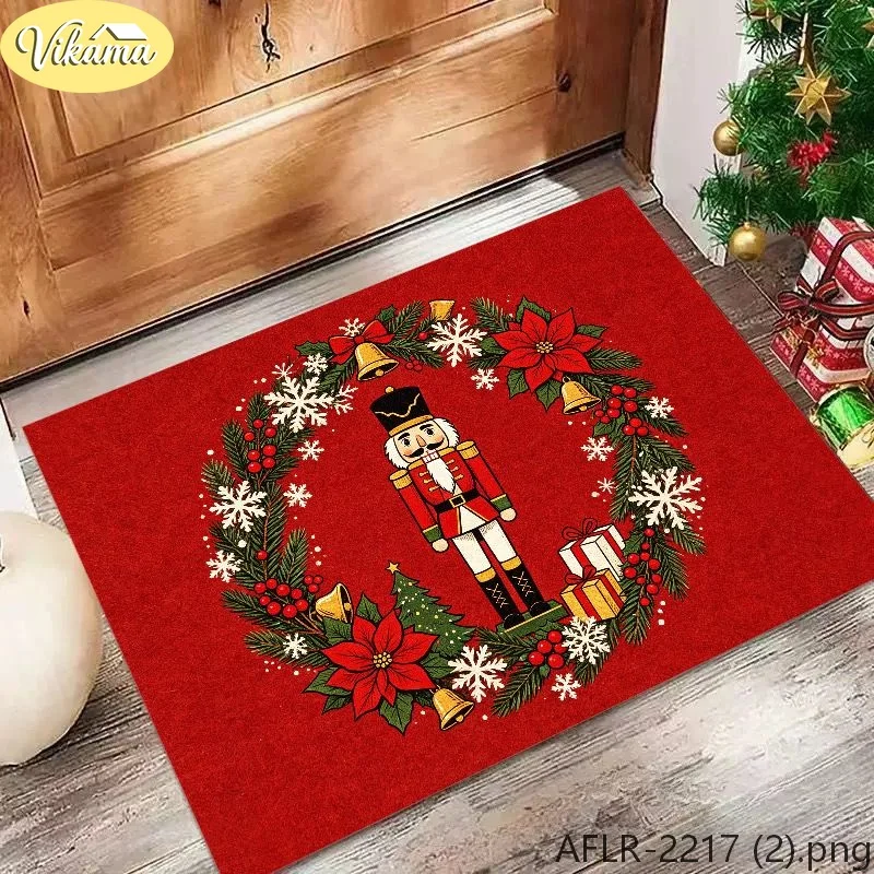 VIKAMA Santa & Typographic Flannel Door Mat, Non-Slip Washable Xmas Mat, Decor for Front Door Entryway Kitchen Bedroom