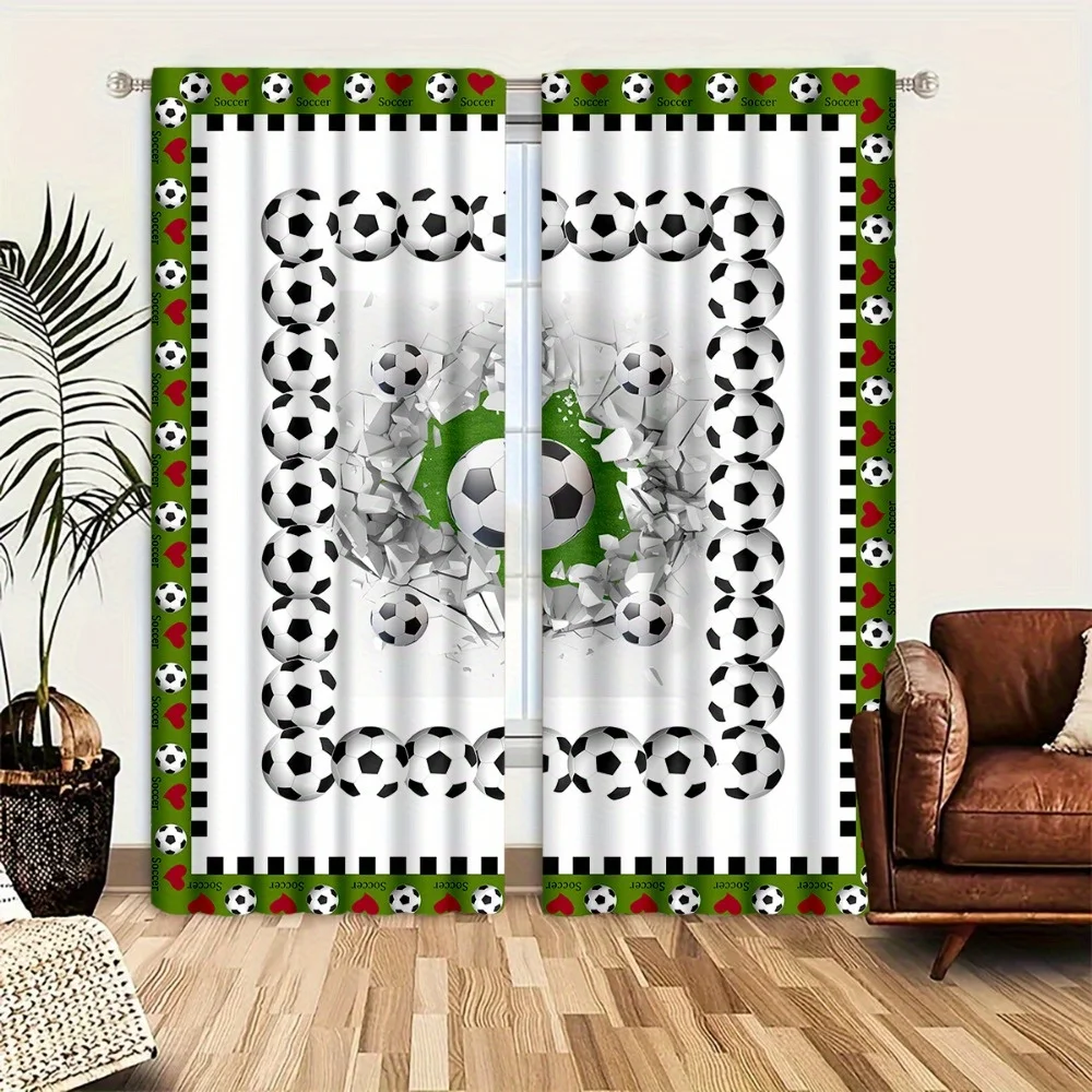 Soccer Curtains, Football Print Window Drapes, Sports Theme Bedroom Decor for Boys, Blackout Fabric for Kids Room