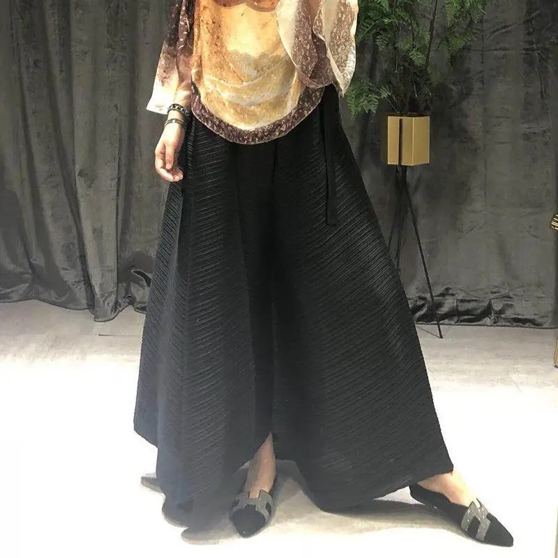 Chic Pleated Straight Pants Women Spring Summer Elastic High Waist Pleated Wide-legged Pants Oversized Trouser Black Clothes
