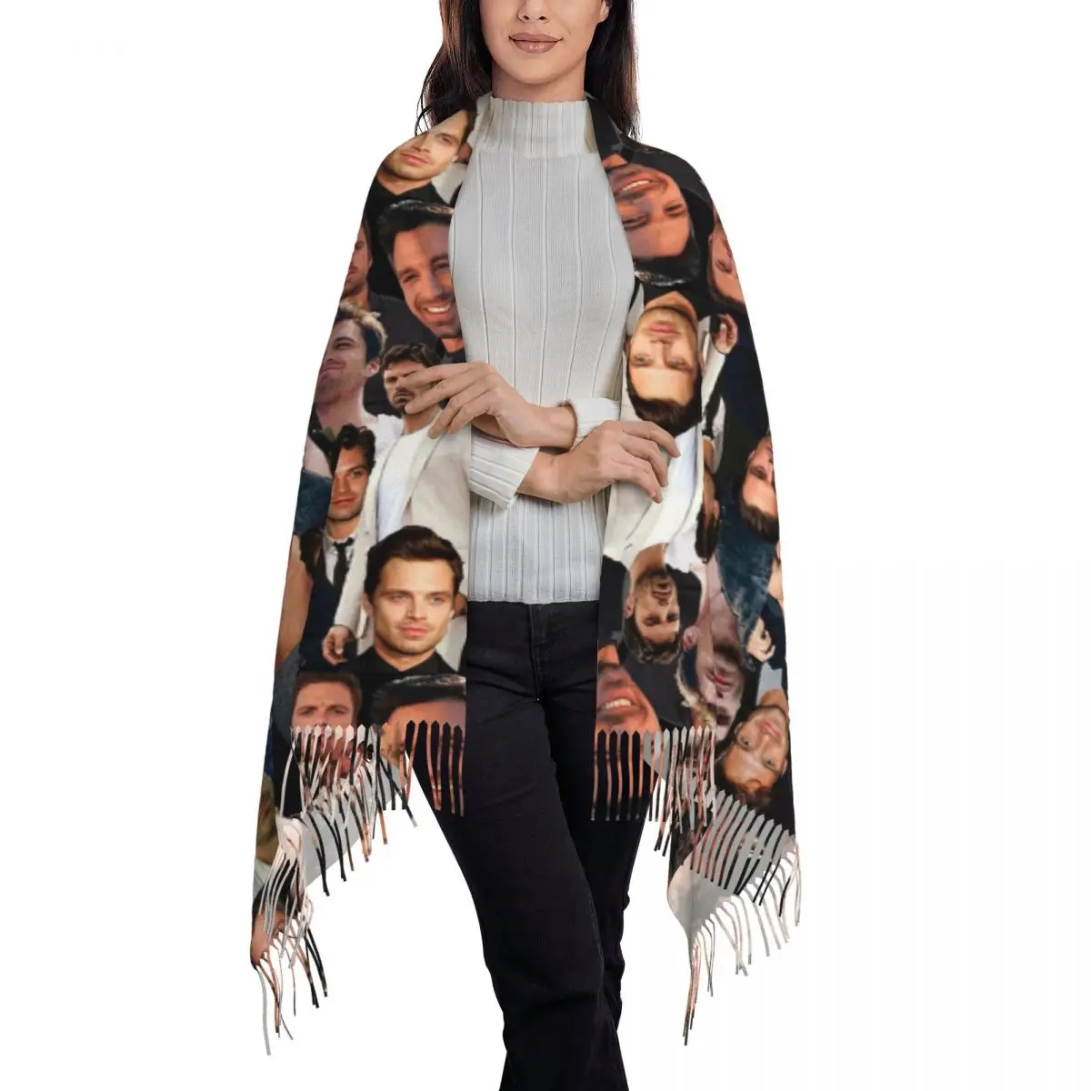 Sebastian Stan Collage Scarf Tassel Scarves Women Soft Warm Shawls and Wraps Long Fall Winter Shawl Wrap