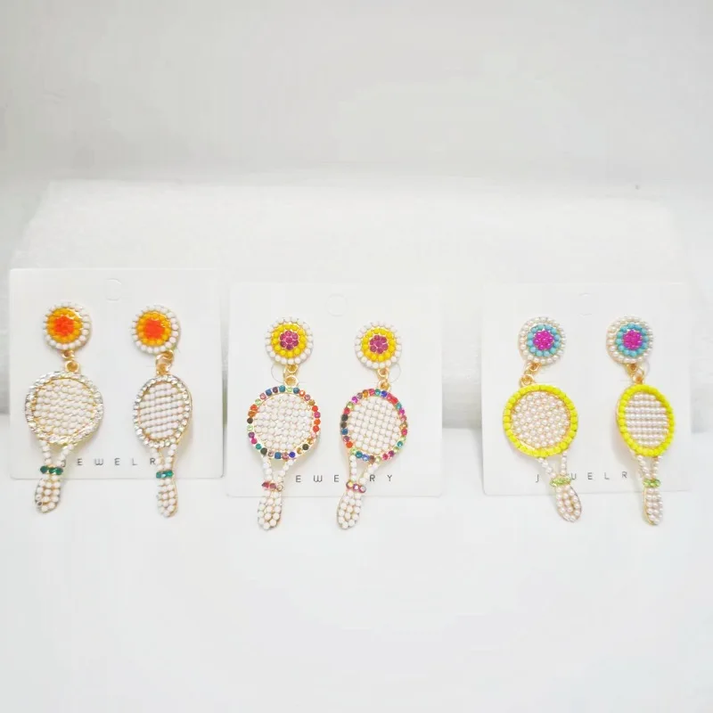Creative personality sports tennis racket earrings exaggerated hot-selling diamond set design source manufacturer