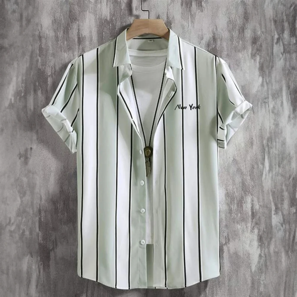 MMen's Plus Size Striped 3D Printed Shirt Short Sleeved Lapel Button Down Shirt Streetwear Hawaiian Shirt Summer Fashion