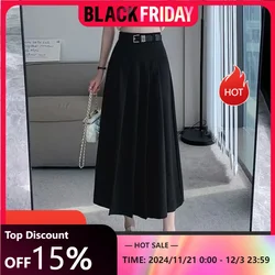 Yasuk AllSeason Casual Soft Solid Women's Pleated Skirt Button Belt Long Draped Suit Dress Maxi Skirt Slim Grace Student