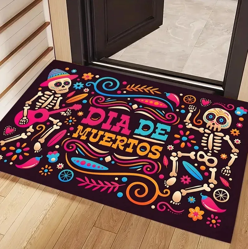 Day of The Dead Sugar Skull Doormat Mexican Fiesta Colorful Print Non-Slip Entrance Mat Halloween Welcome Floor Mat  Rug