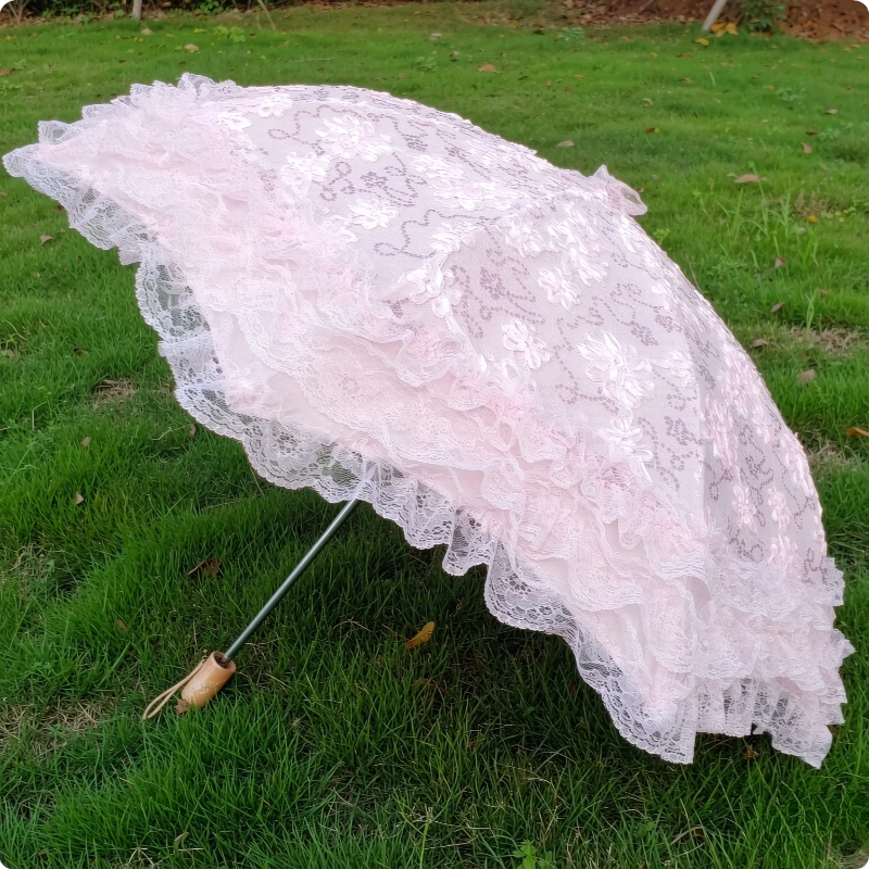 2-Fold Sequin Lace Embroidery Umbrella Black Lining UV Protection Pink Princess Parasol for Women Lolita Sun Rain Use 레이스 양산