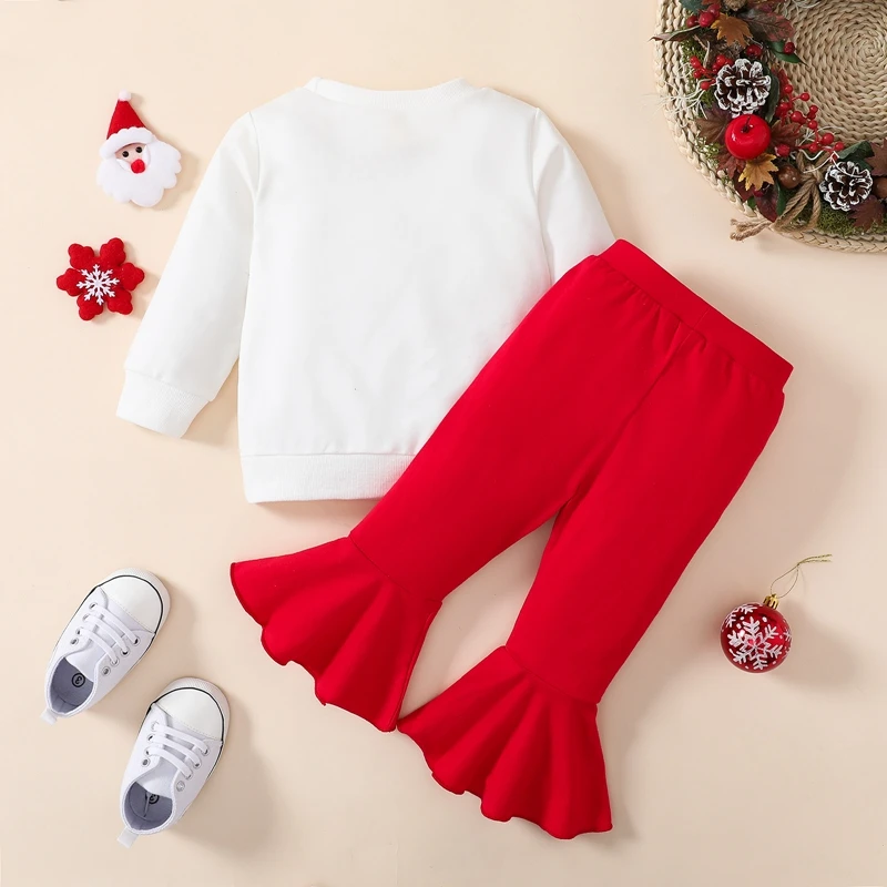 Girls Christmas Outfit Set with Santa Print Sweatshirt and Flare Pants - Festive Long Sleeve Top and Casual Trousers for Kids