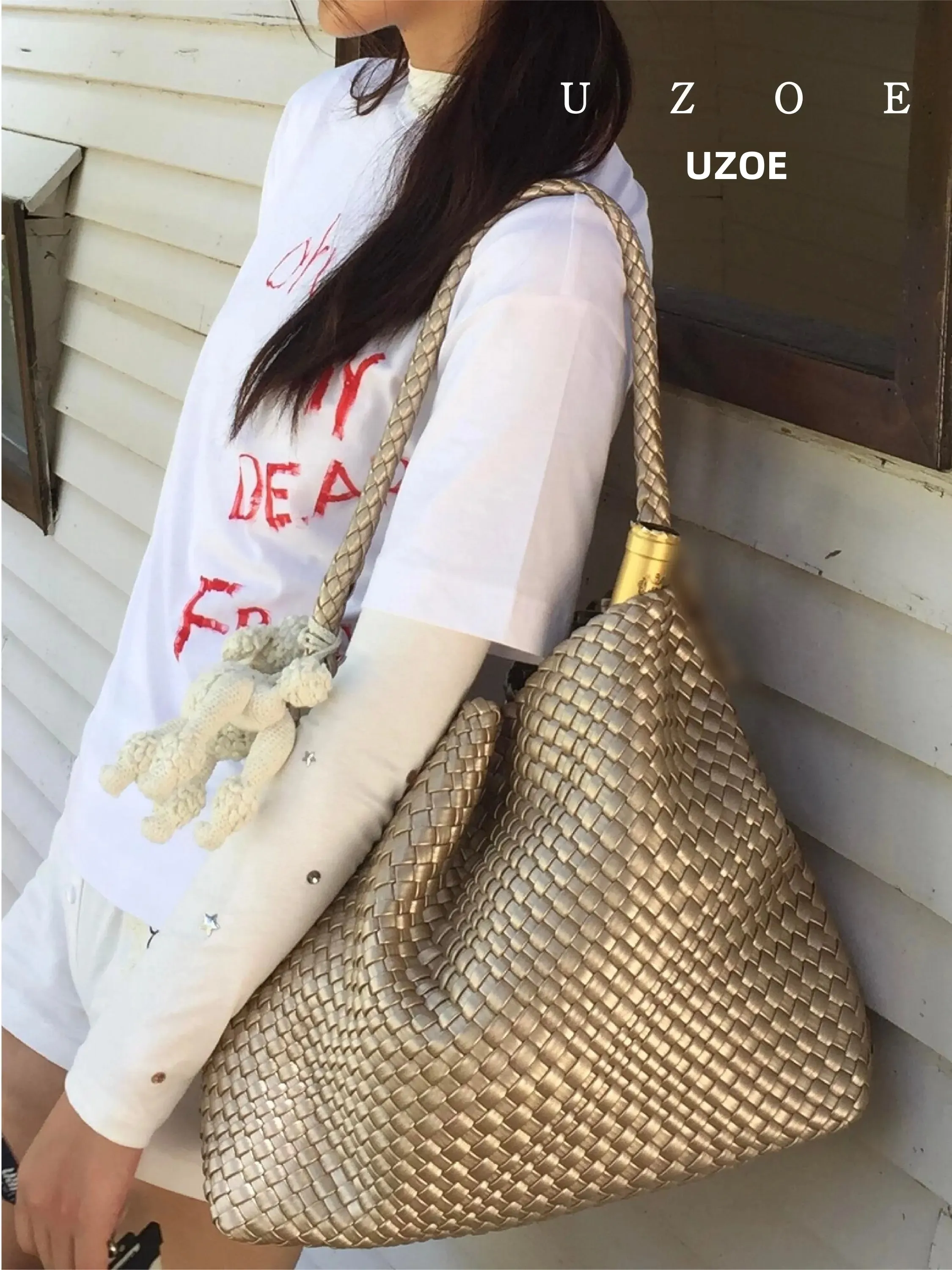 Bolsa Tote Grande de Cor Champagne com Design Chic para Primavera e Verão, Bolsa de Mão para Mulheres com Capacidade Grande e...