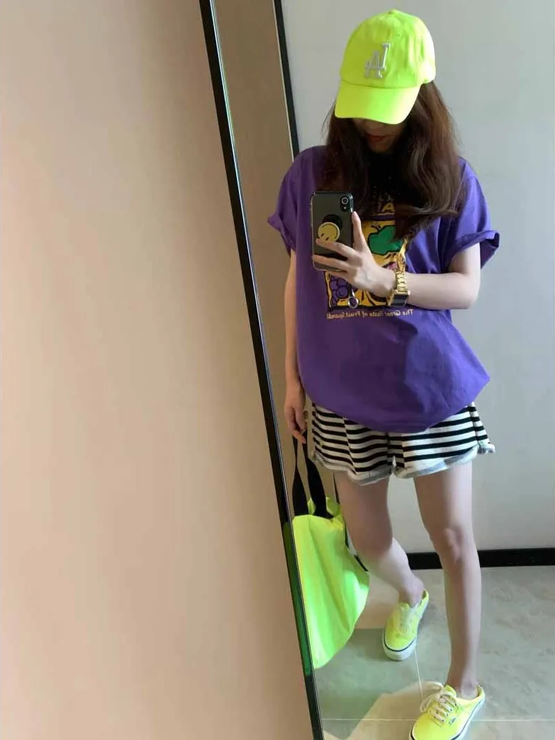 2025년 여름 플러스 사이즈 여성용 티셔츠 원숭이 프린트 루즈핏 한국 스타일 탑 100% 면 라운드 넥