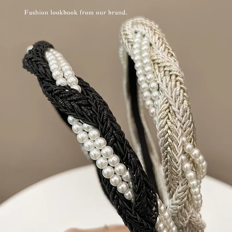 French Pearl Braided Bezel Hair Band Elegant Women\'s Pure Color Pleated Headband Fashionable Girl\'s Hair Hoop Hair Accessories