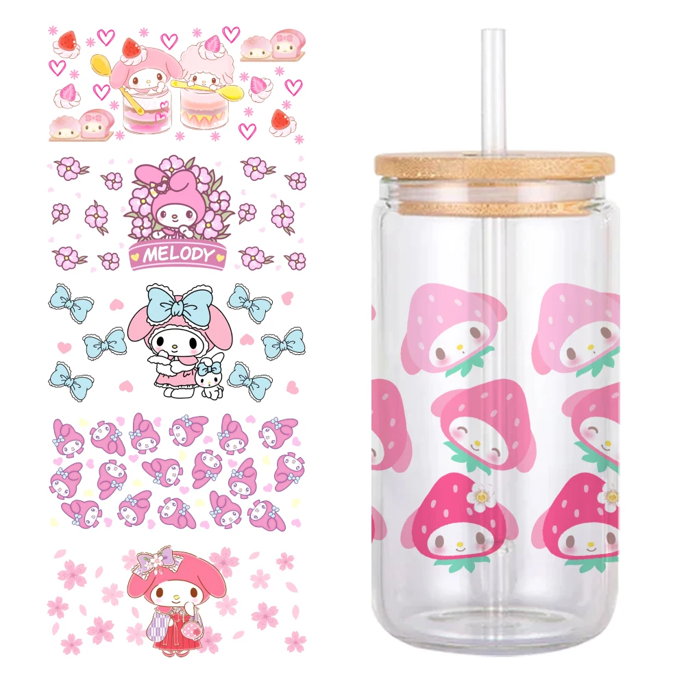 Sanrio My Melody UV DTF Wraps Sticker DIY Student Gift For 16oz Glass Cup Waterproof Decals Coffee Cup Sticker