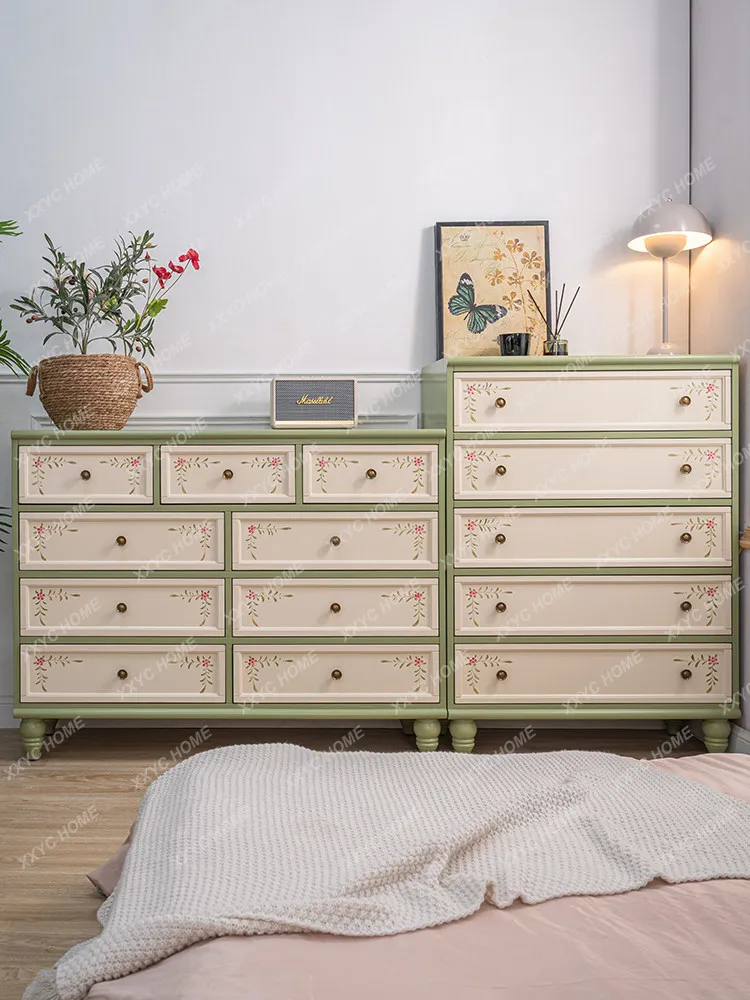 Living room against the wall green furniture solid wood retro painted nine bucket cabinet bedroom bedside cabinet combination