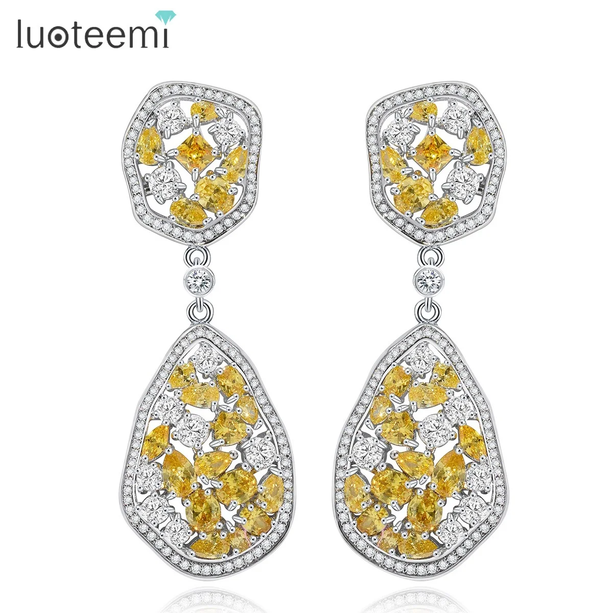 LUOTEEMI New In Fashion Yellow Cubic Zircon Big Irregular Waterdrop Drop Earrings for Women Exquisite Vintage Wedding Jewelry