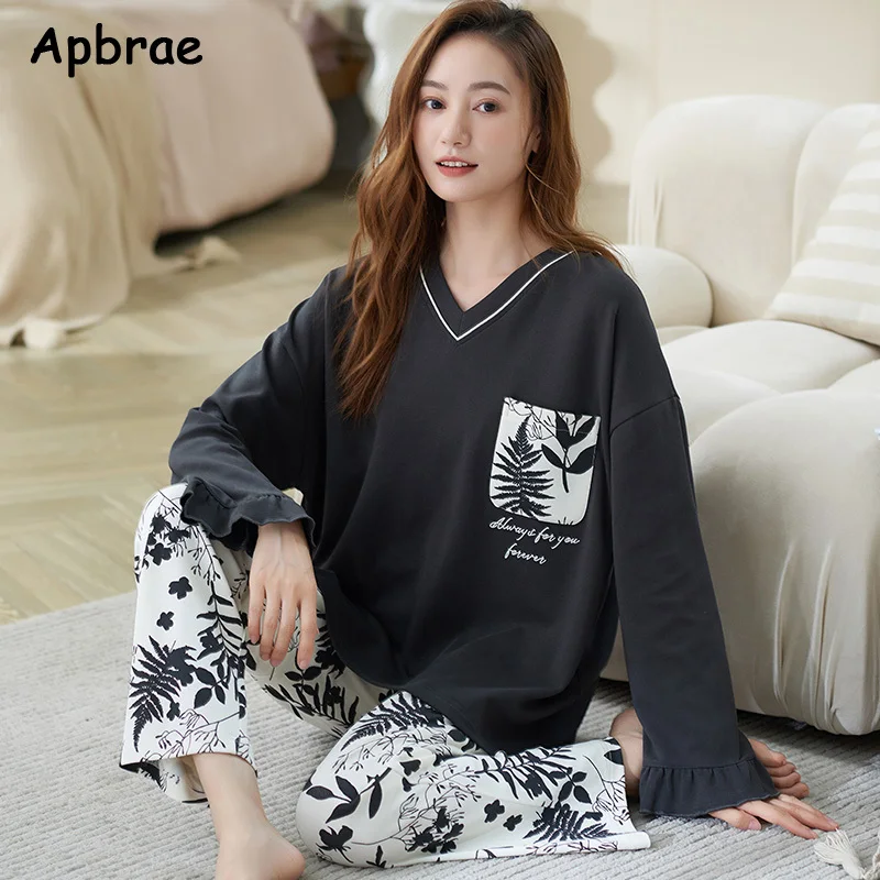 Autumn Long Sleeves Full Pants Cotton Pajamas for Women Leisure Leaf Print Sleepwear Fashion Nightwear Girls Homewear