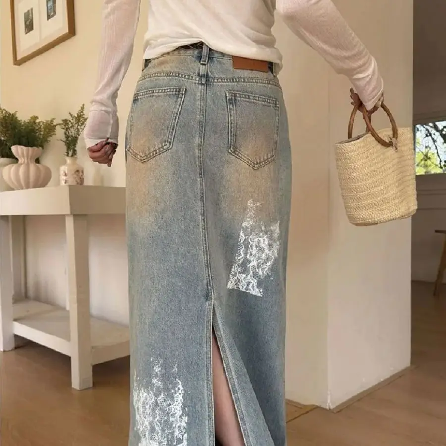 American Style Design Lace Printed Slit Denim Skirt Women Spring Summer Old Washing Tie-Dyeing Slim Long Skirt
